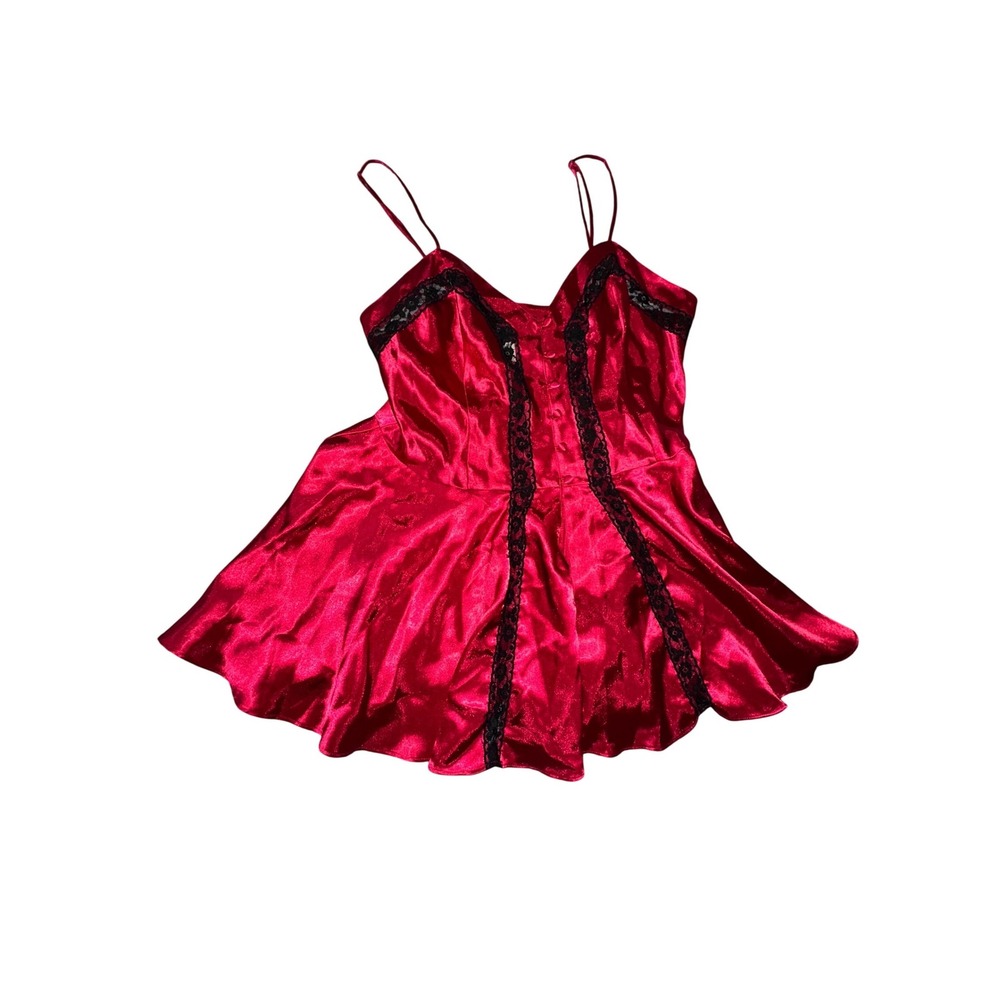 Victoria's Secret Gold Label Medium Red‎ Satin Slip Dress Button Lace Trim